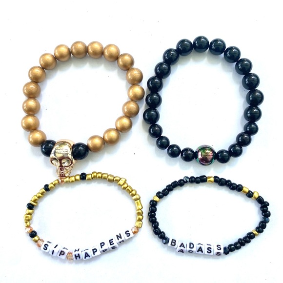 Skull skeleton 4 set PCs gold seed bead golden stack gift kit bracelet words - Picture 3 of 3
